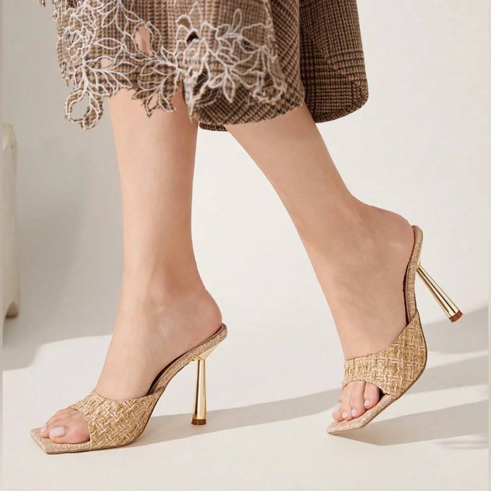 🆕 Square Toe Tweed / Linen Mule  Sandals - Picture 6 of 9